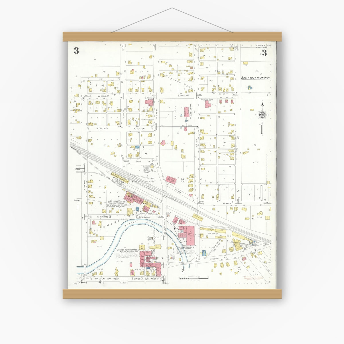 Old map wall art mockup — magnetic wood frame on white wall — Sanborn Fire Insurance Map from Ligonier, Noble County, Indiana (1933), Sheet #0003