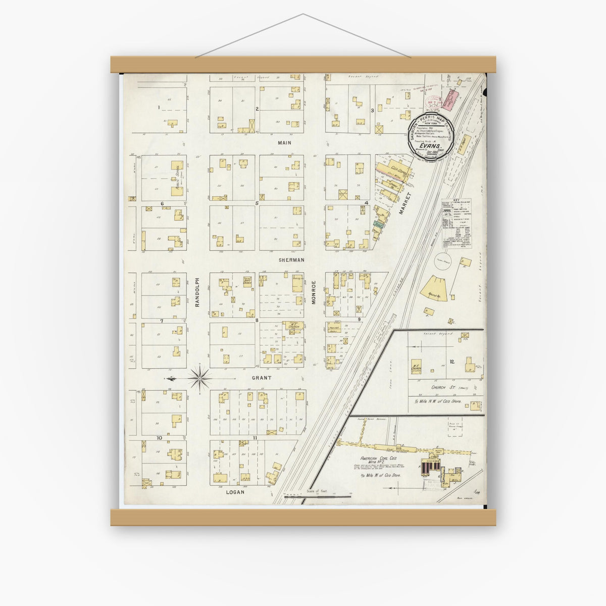 Old map wall art mockup — magnetic wood frame on white wall — Sanborn Fire Insurance Map from Evans, Mahaska County, Iowa (1895), Sheet #0001