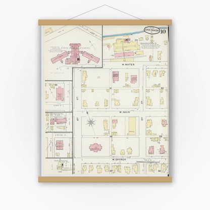 Old map wall art mockup — magnetic wood frame on white wall — Sanborn Fire Insurance Map from Lock Haven, Clinton County, Pennsylvania (1891), Sheet #0010