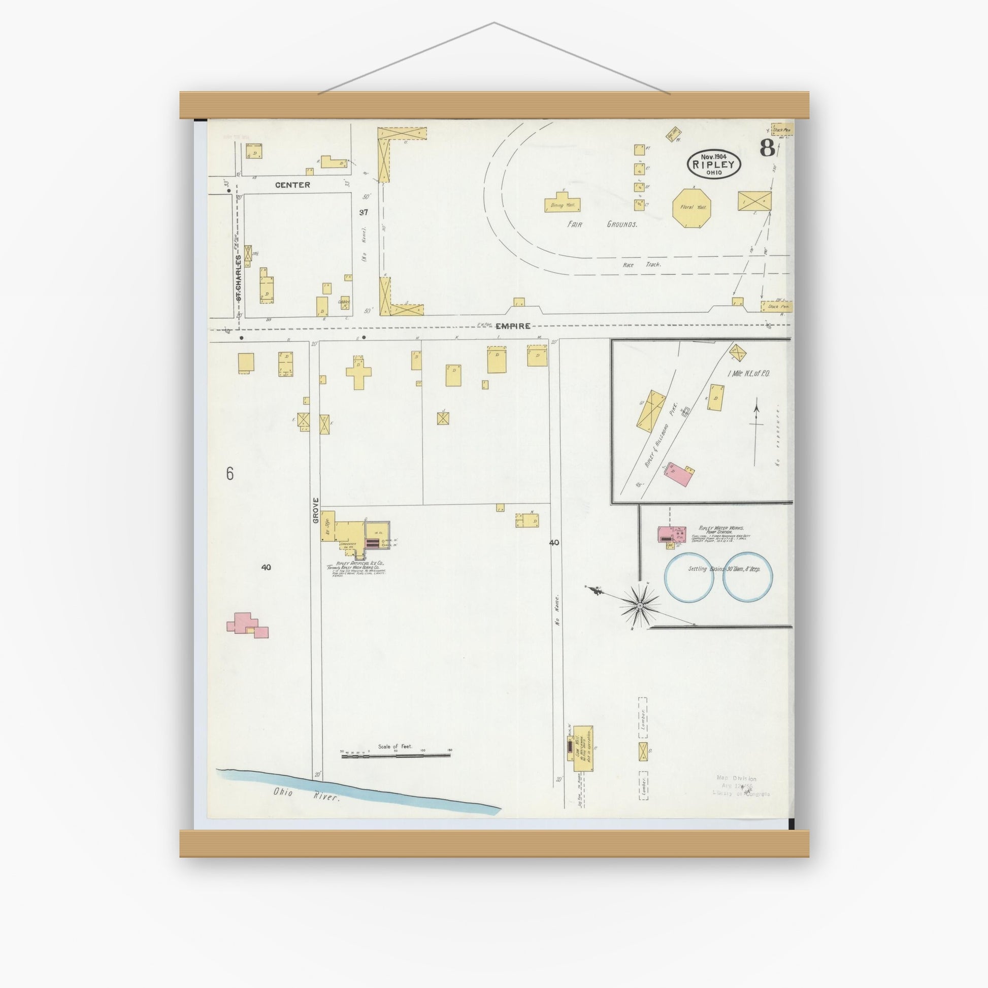 Old map wall art mockup — magnetic wood frame on white wall — Sanborn Fire Insurance Map from Ripley, Brown County, Ohio (1904), Sheet #0008