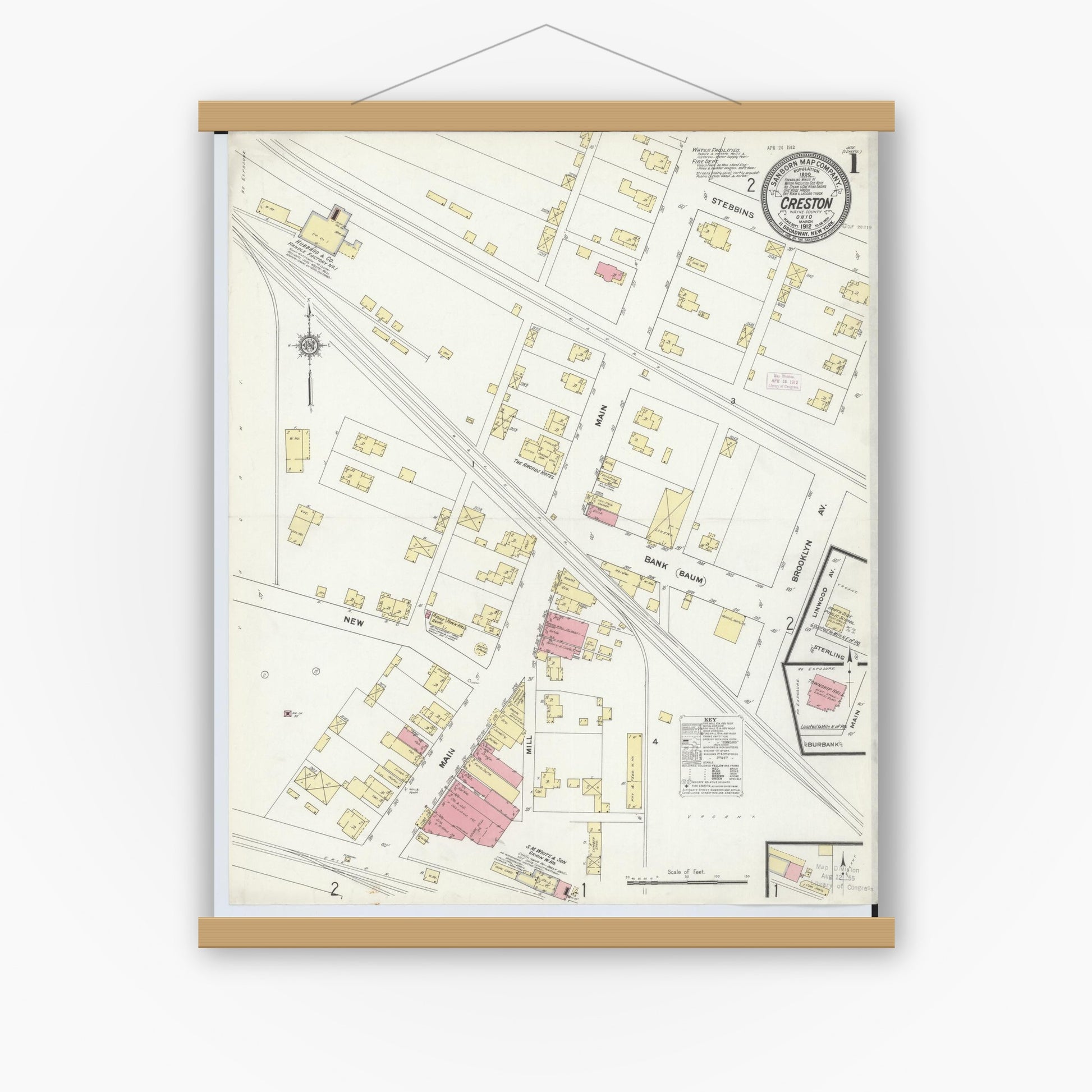 Old map wall art mockup — magnetic wood frame on white wall — Sanborn Fire Insurance Map from Creston, Wayne County, Ohio (1912), Sheet #0001