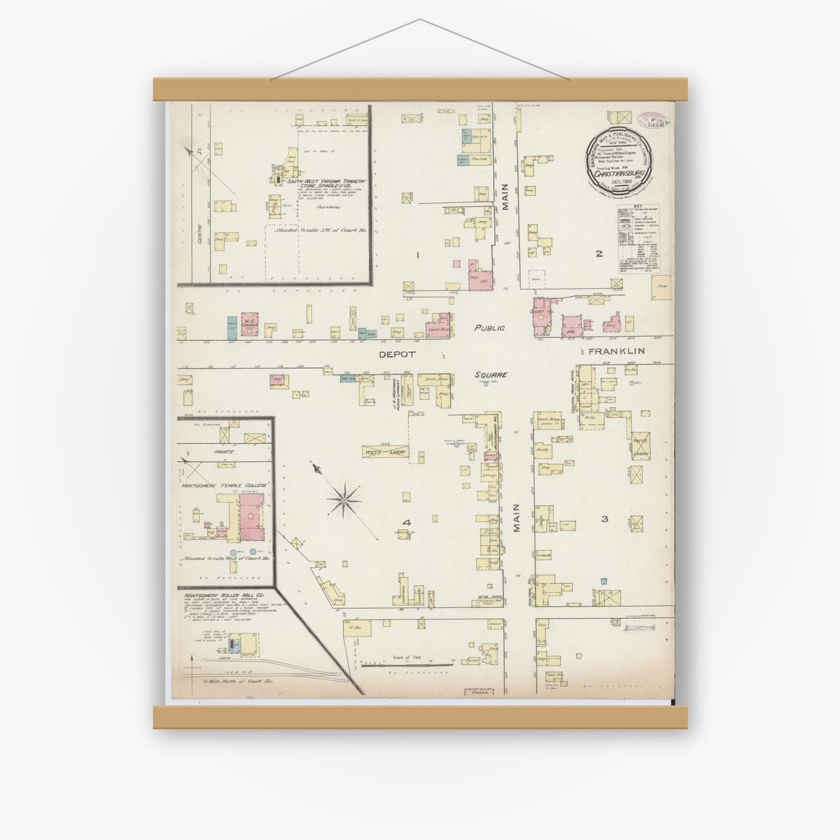 Old map wall art mockup — magnetic wood frame on white wall — Sanborn Fire Insurance Map from Christiansburg, Montgomery County, Virginia (1885), Sheet #0001