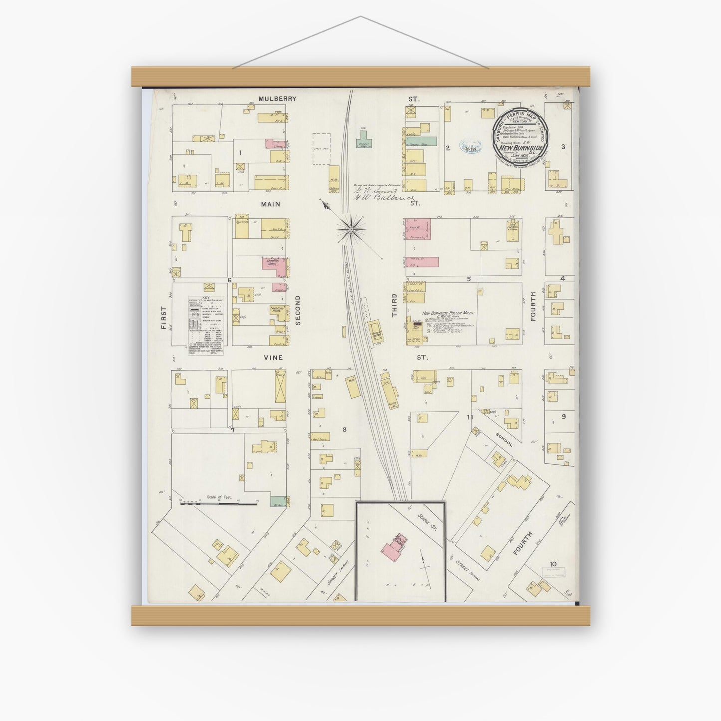 Old map wall art mockup — magnetic wood frame on white wall — Sanborn Fire Insurance Map from New Burnside, Johnson County, Illinois (1894), Sheet #0001