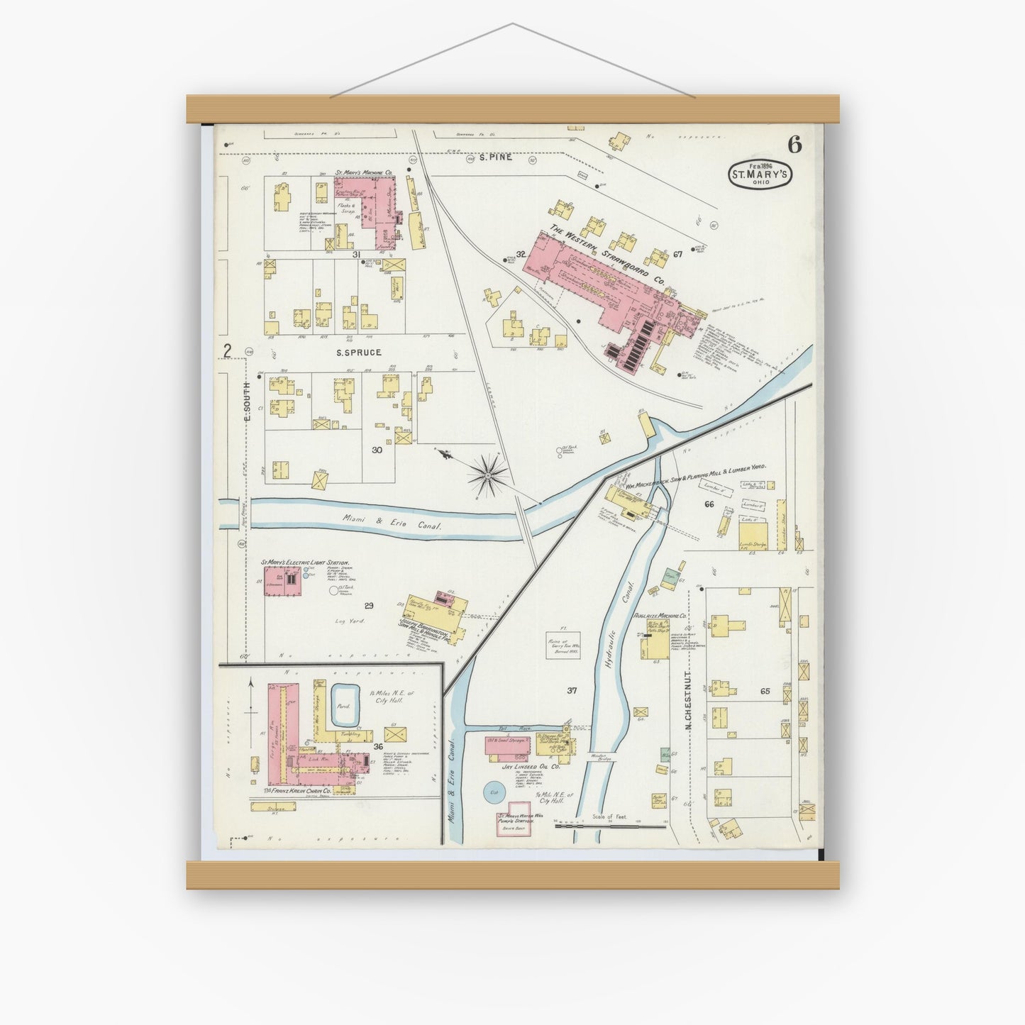 Old map wall art mockup — magnetic wood frame on white wall — Sanborn Fire Insurance Map from Saint Marys, Auglaize County, Ohio (1896), Sheet #0006