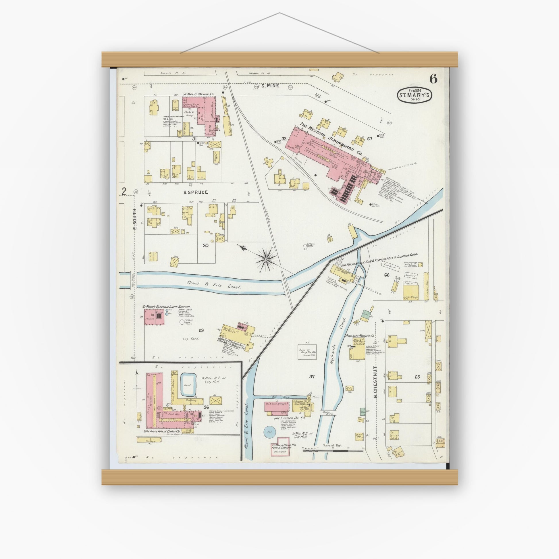 Old map wall art mockup — magnetic wood frame on white wall — Sanborn Fire Insurance Map from Saint Marys, Auglaize County, Ohio (1896), Sheet #0006