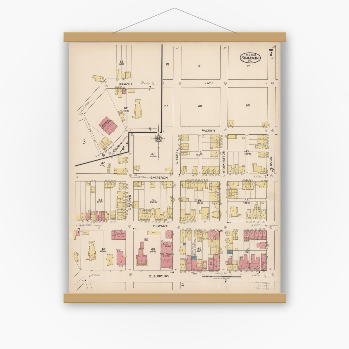 Old map wall art mockup — magnetic wood frame on white wall — Sanborn Fire Insurance Map from Shamokin, Northumberland County, Pennsylvania (1922), Sheet #0007