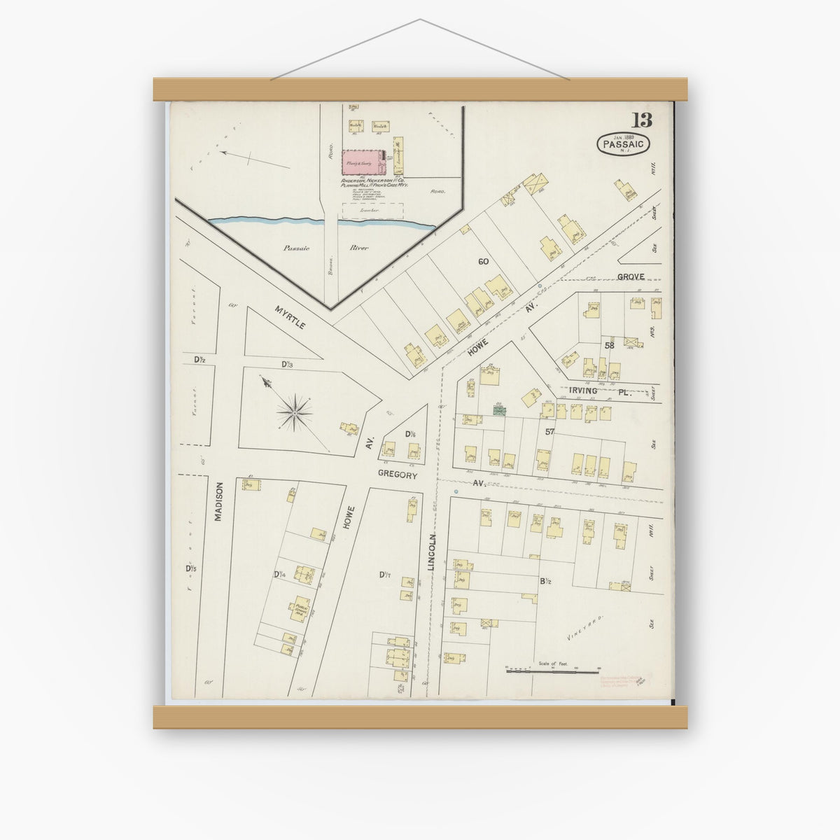 Old map wall art mockup — magnetic wood frame on white wall — Sanborn Fire Insurance Map from Passaic, Passaic County, New Jersey (1889), Sheet #0013