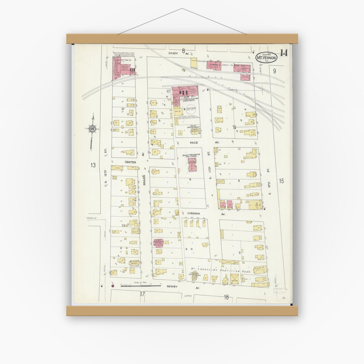 Old map wall art mockup — magnetic wood frame on white wall — Sanborn Fire Insurance Map from Mount Vernon, Jefferson County, Illinois (1913), Sheet #0014