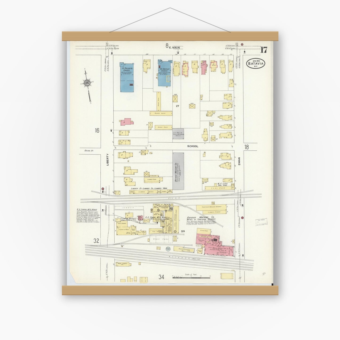 Old map wall art mockup — magnetic wood frame on white wall — Sanborn Fire Insurance Map from Batavia, Genesee County, New York (1912), Sheet #0017