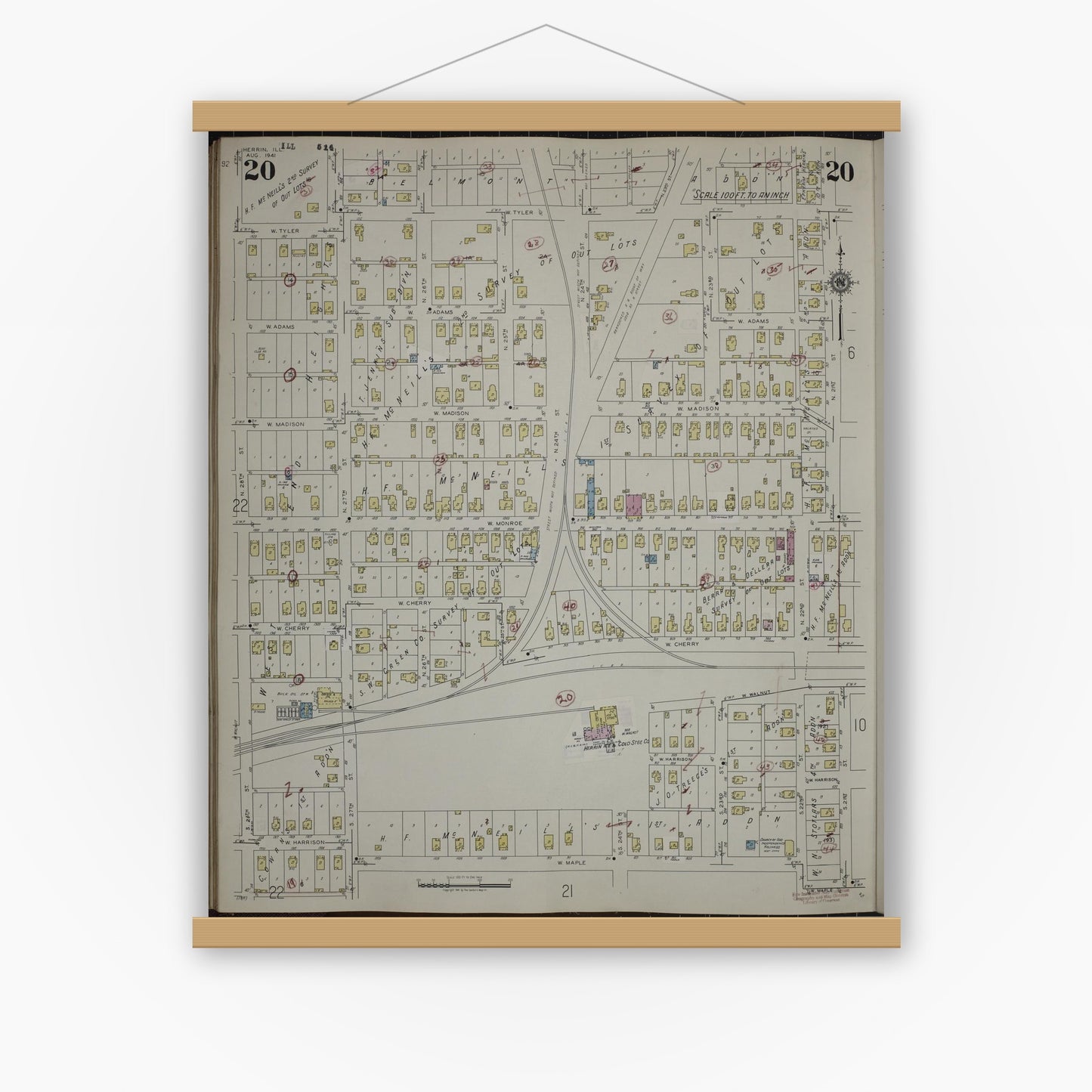 Old map wall art mockup — magnetic wood frame on white wall — Sanborn Fire Insurance Map from Herrin, Williamson County, Illinois (1947), Sheet #0020