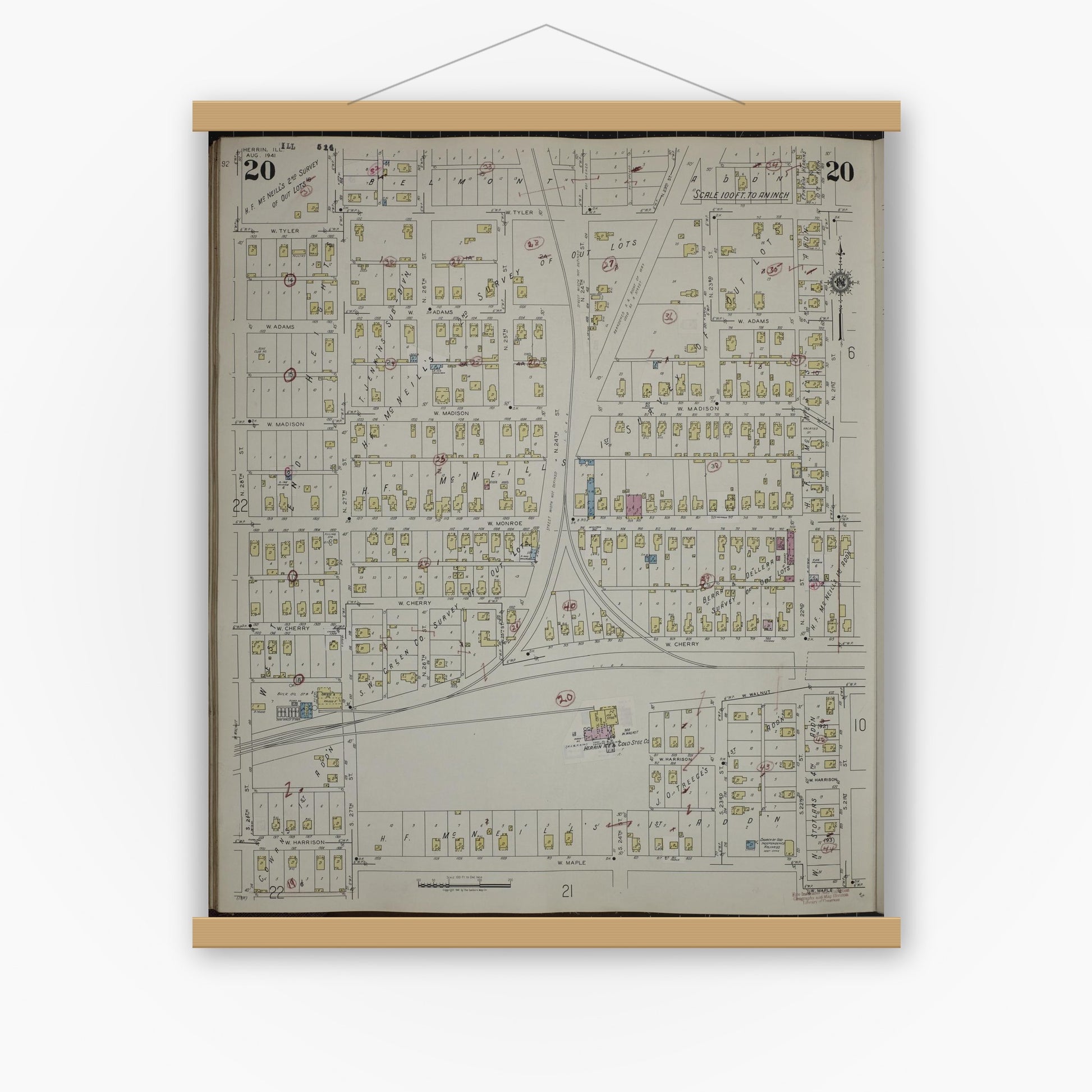 Old map wall art mockup — magnetic wood frame on white wall — Sanborn Fire Insurance Map from Herrin, Williamson County, Illinois (1947), Sheet #0020