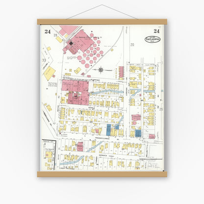 Old map wall art mockup — magnetic wood frame on white wall — Sanborn Fire Insurance Map from East Liverpool, Columbiana County, Ohio (1923), Sheet #0024