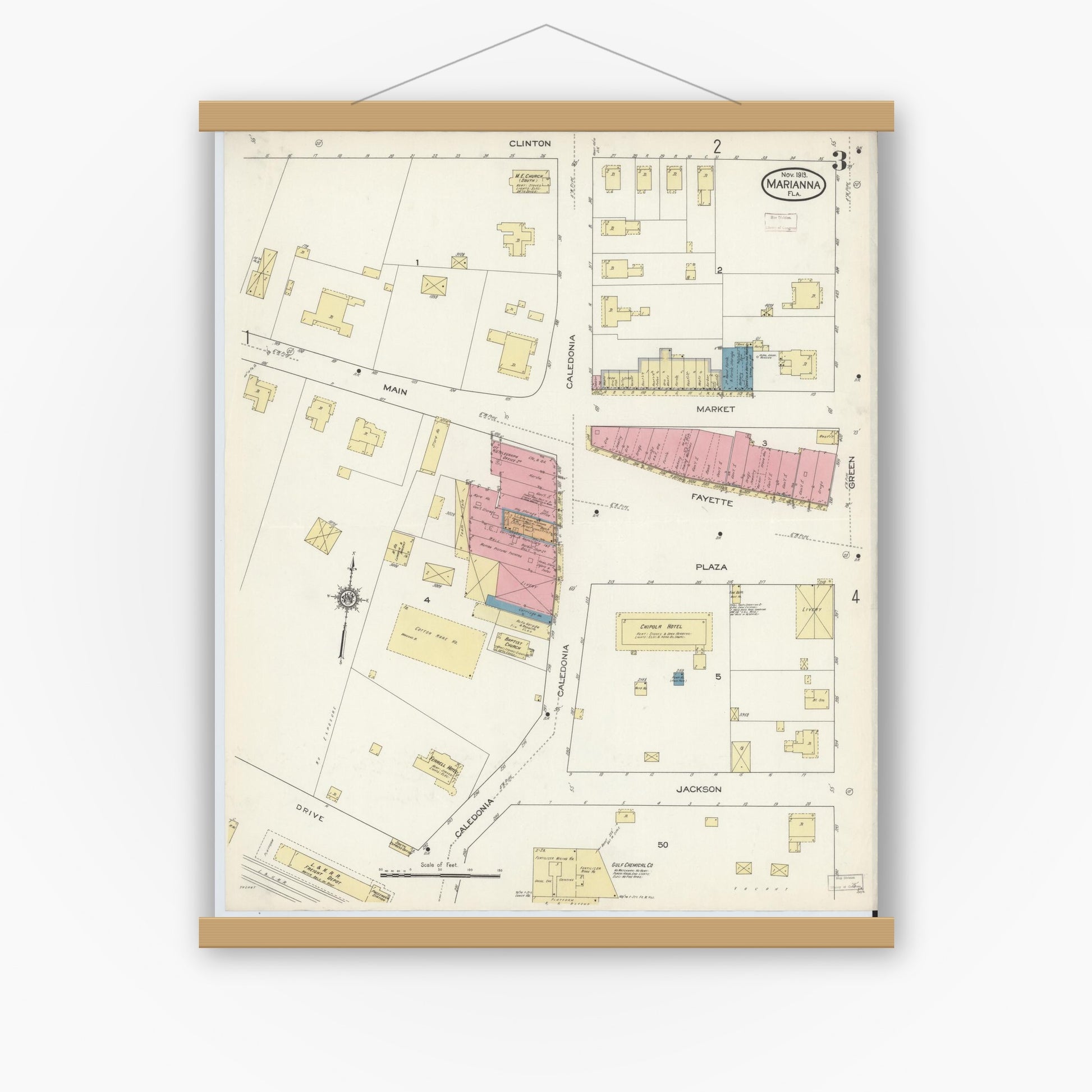 Old map wall art mockup — magnetic wood frame on white wall — Sanborn Fire Insurance Map from Marianna, Jackson County, Florida (1913), Sheet #0003
