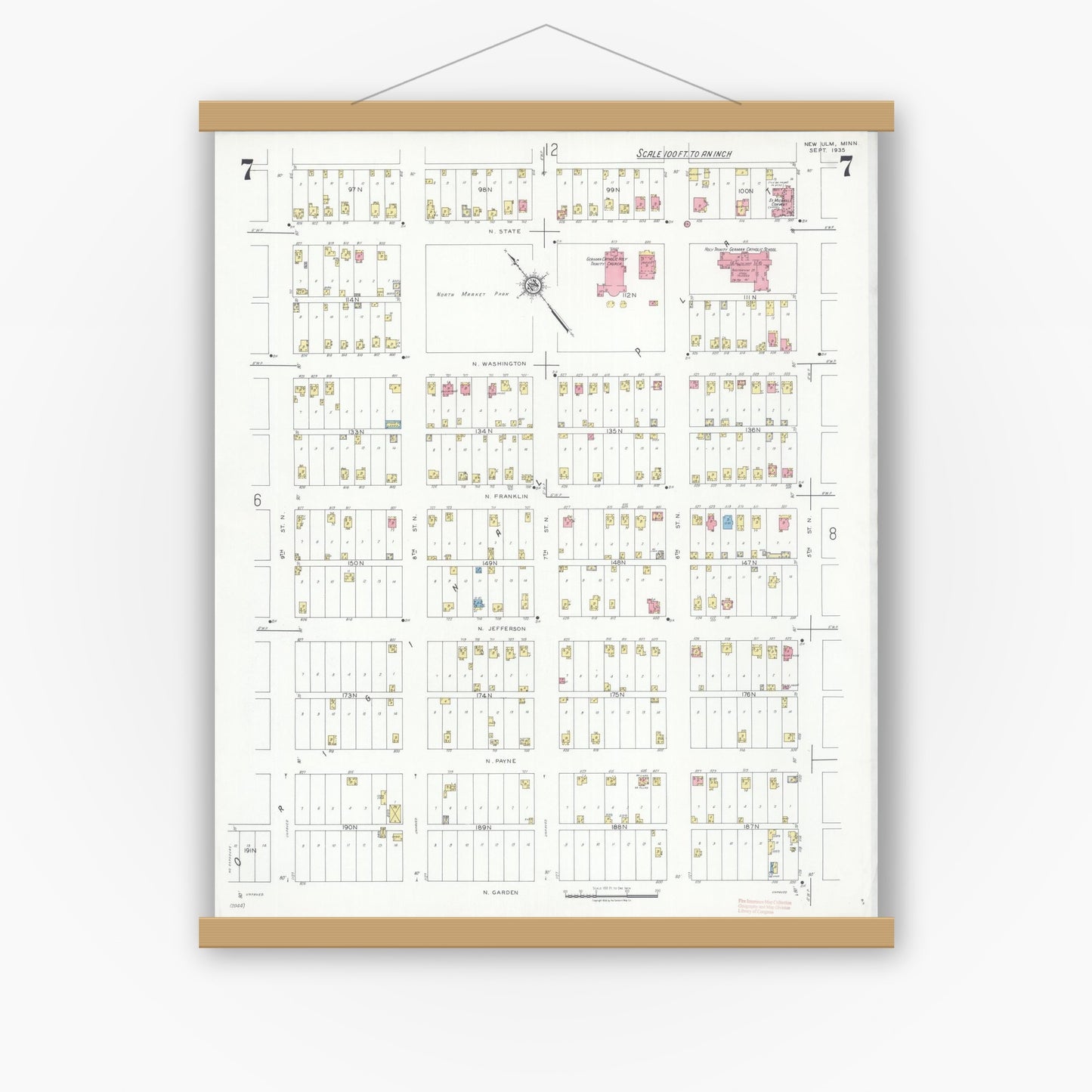Old map wall art mockup — magnetic wood frame on white wall — Sanborn Fire Insurance Map from New Ulm, Brown County, Minnesota (1935), Sheet #0007