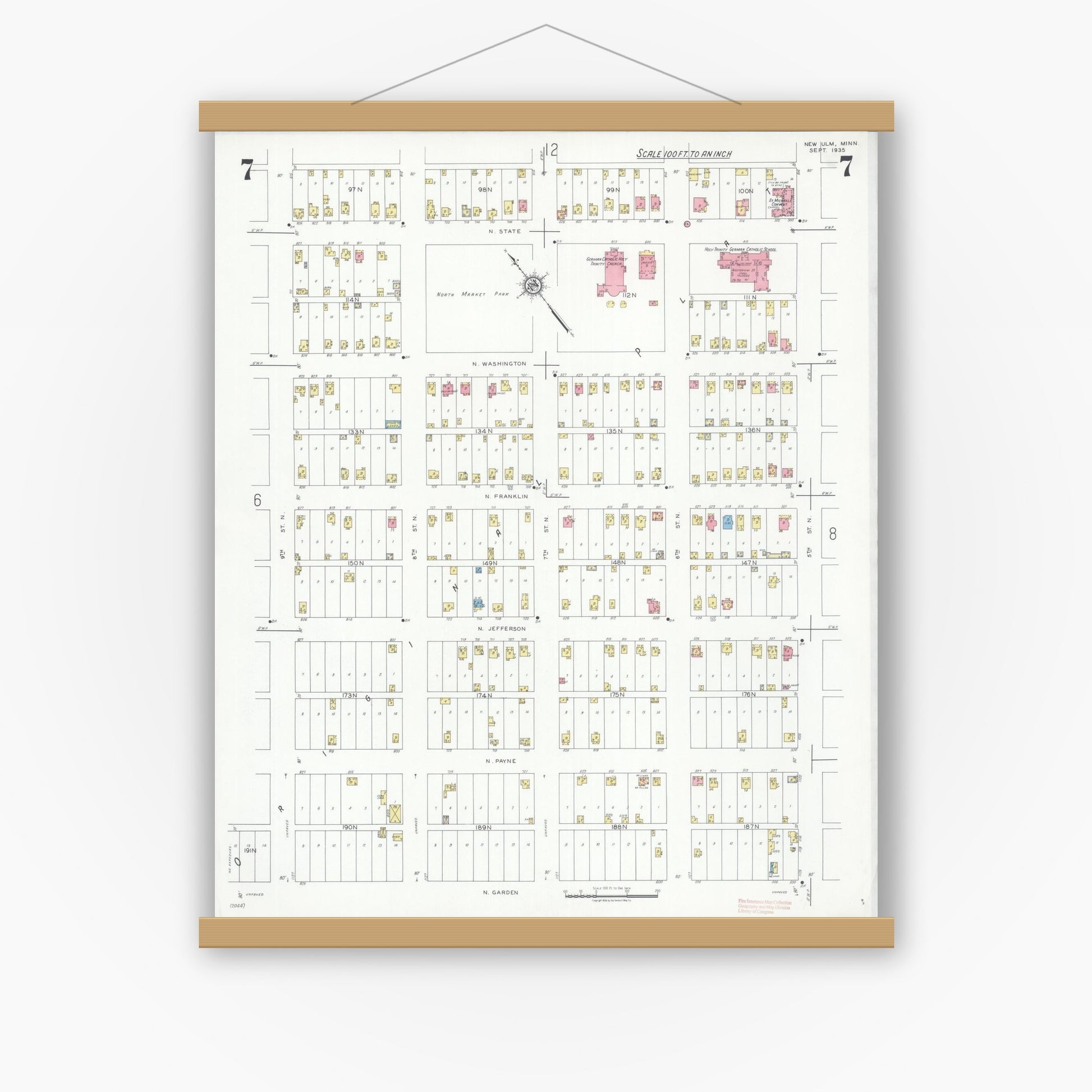 Old map wall art mockup — magnetic wood frame on white wall — Sanborn Fire Insurance Map from New Ulm, Brown County, Minnesota (1935), Sheet #0007