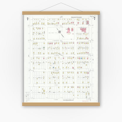 Old map wall art mockup — magnetic wood frame on white wall — Sanborn Fire Insurance Map from New Ulm, Brown County, Minnesota (1935), Sheet #0007