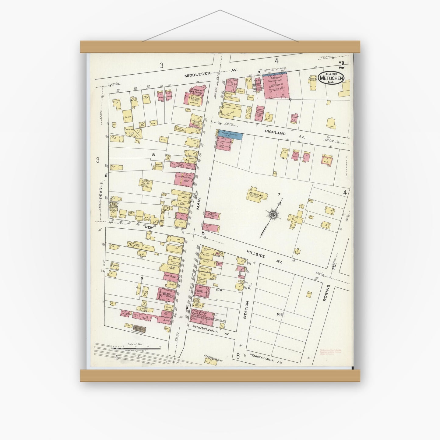Old map wall art mockup — magnetic wood frame on white wall — Sanborn Fire Insurance Map from Metuchen, Middlesex County, New Jersey (1920), Sheet #0002