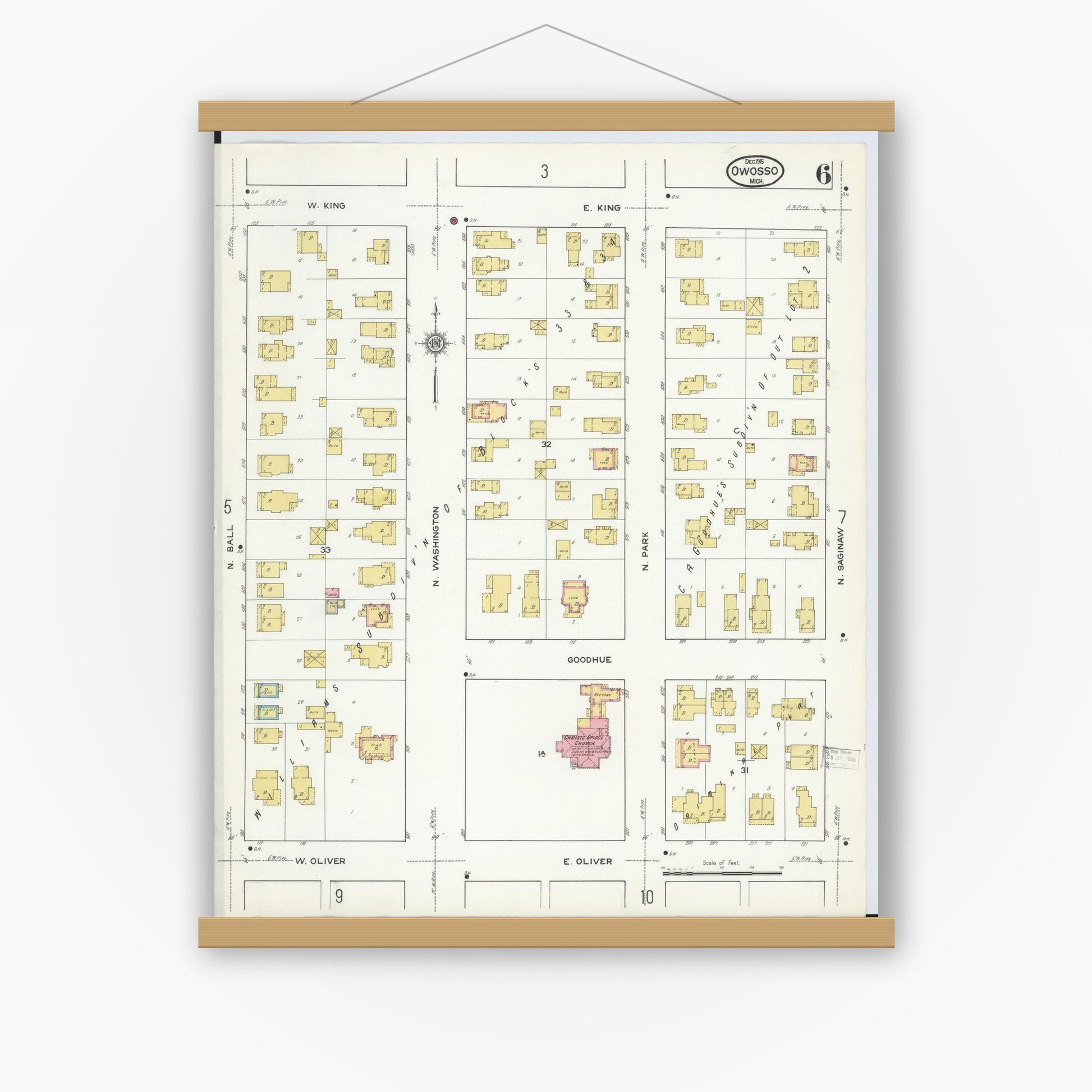 Old map wall art mockup — magnetic wood frame on white wall — Sanborn Fire Insurance Map from Owosso, Shiawassee County, Michigan (1915), Sheet #0006