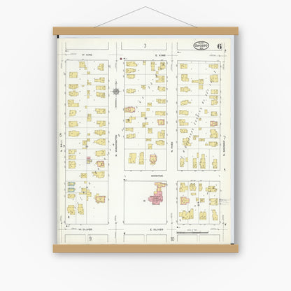 Old map wall art mockup — magnetic wood frame on white wall — Sanborn Fire Insurance Map from Owosso, Shiawassee County, Michigan (1915), Sheet #0006