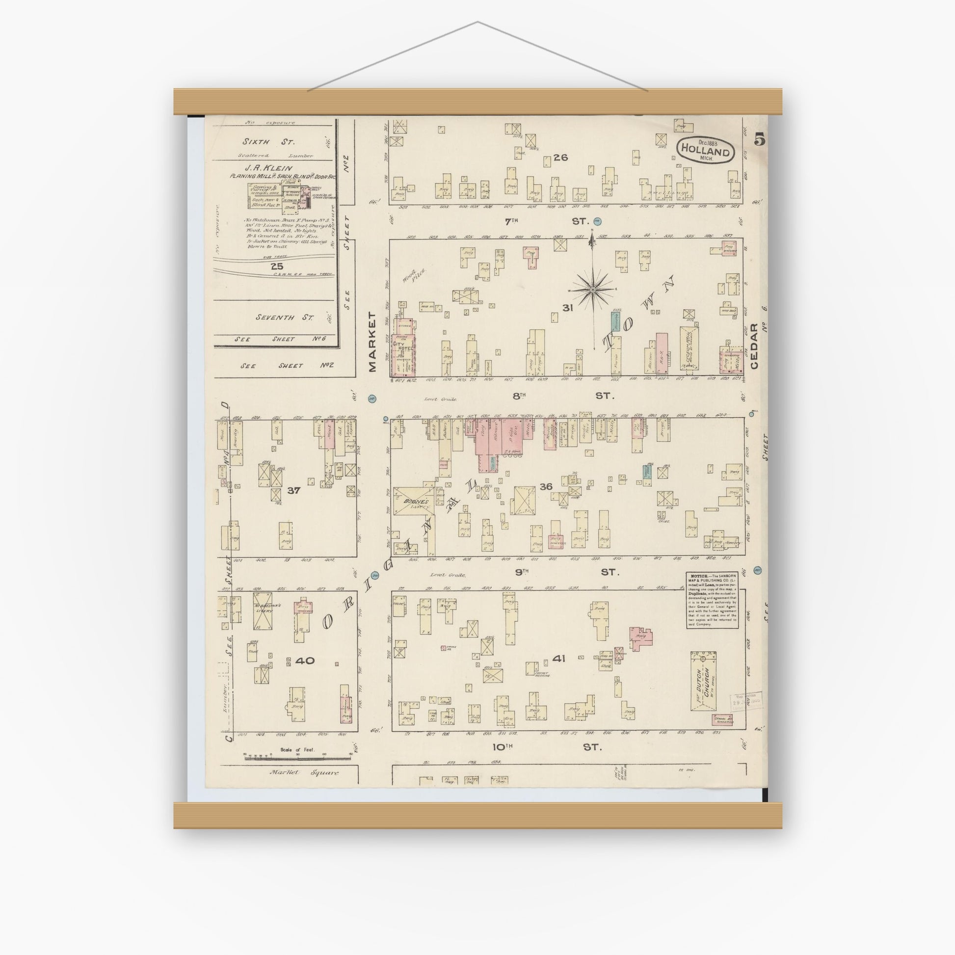 Old map wall art mockup — magnetic wood frame on white wall — Sanborn Fire Insurance Map from Holland, Ottawa County, Michigan (1883), Sheet #0005