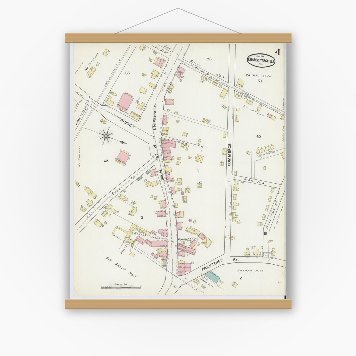 Old map wall art mockup — magnetic wood frame on white wall — Sanborn Fire Insurance Map from Charlottesville, Independent Cities, Virginia (1891), Sheet #0004