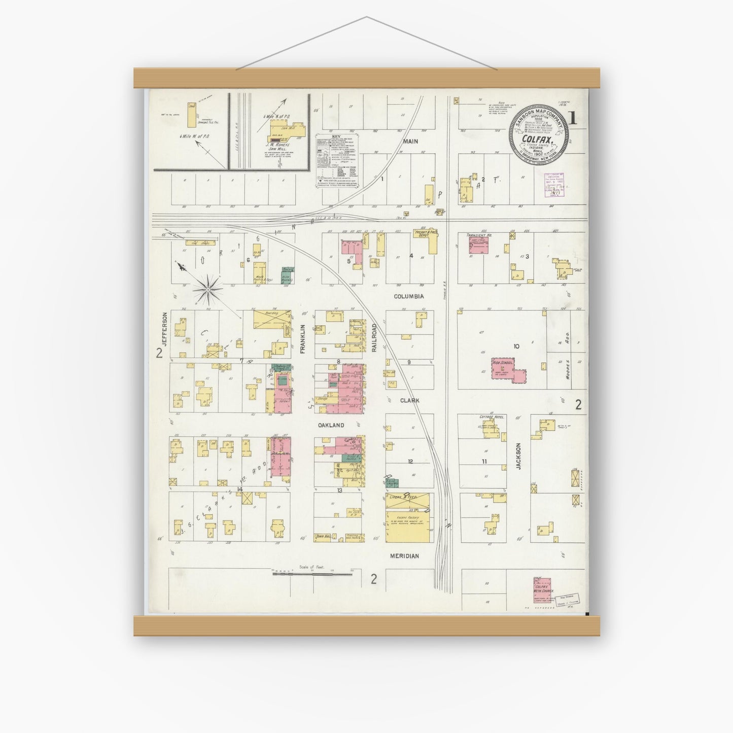 Old map wall art mockup — magnetic wood frame on white wall — Sanborn Fire Insurance Map from Colfax, Clinton County, Indiana (1902) - Complete Map Set