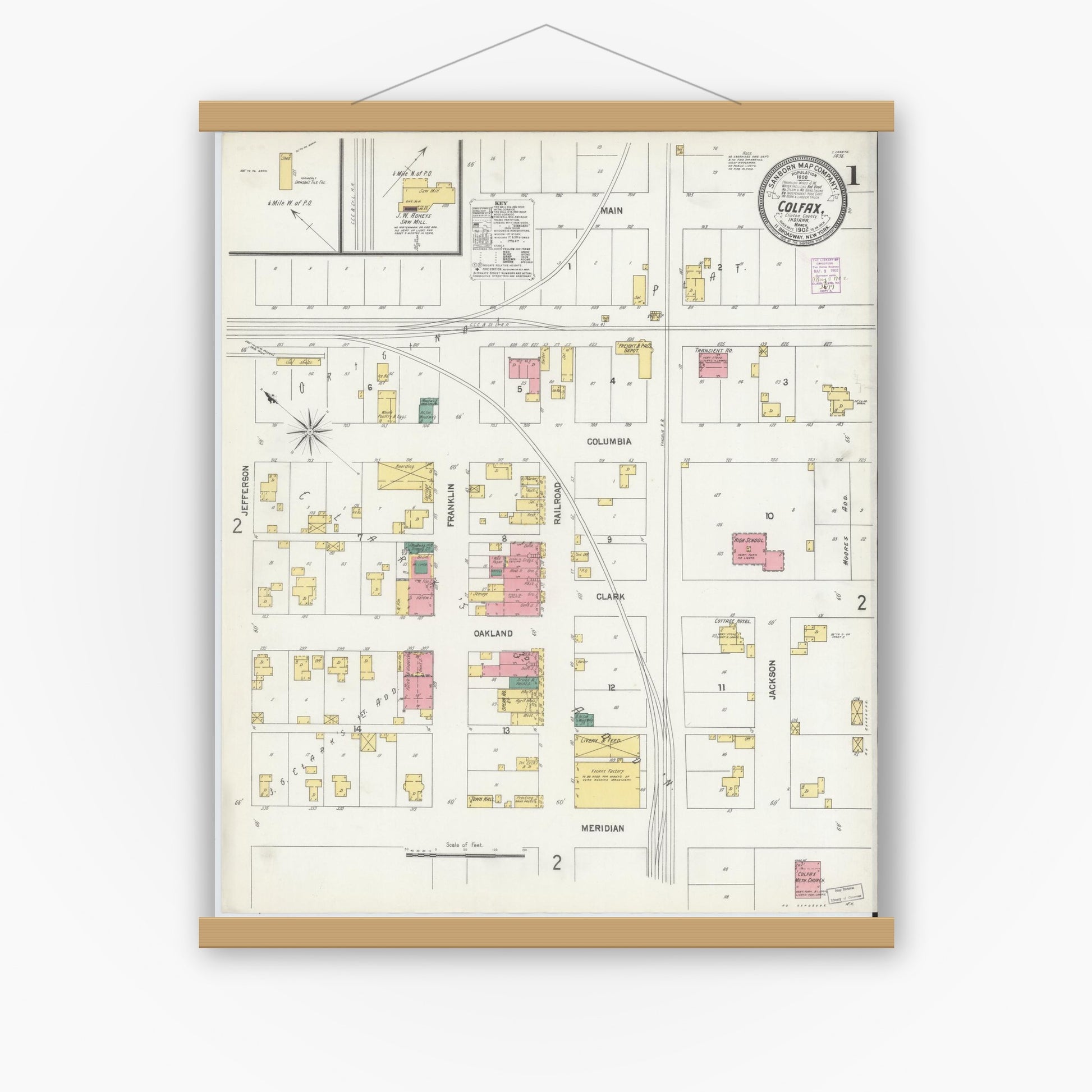 Old map wall art mockup — magnetic wood frame on white wall — Sanborn Fire Insurance Map from Colfax, Clinton County, Indiana (1902) - Complete Map Set