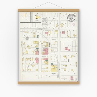 Old map wall art mockup — magnetic wood frame on white wall — Sanborn Fire Insurance Map from Colfax, Clinton County, Indiana (1902) - Complete Map Set