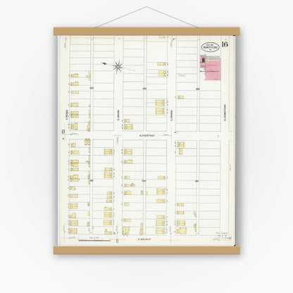 Old map wall art mockup — magnetic wood frame on white wall — Sanborn Fire Insurance Map from Nanticoke, Luzerne County, Pennsylvania (1907), Sheet #0016