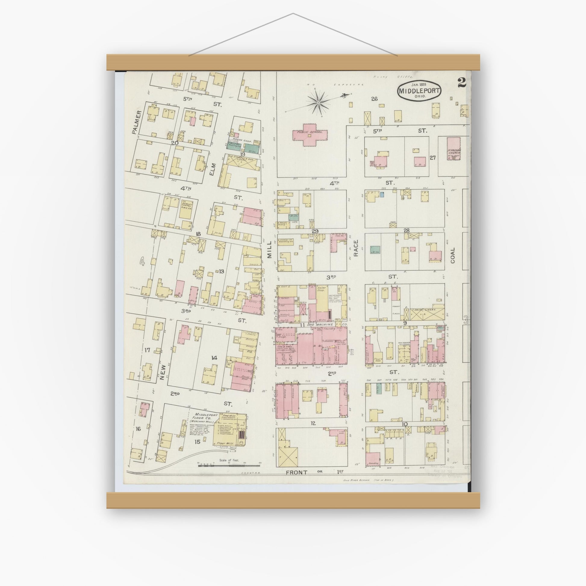 Old map wall art mockup — magnetic wood frame on white wall — Sanborn Fire Insurance Map from Middleport, Meigs County, Ohio (1893), Sheet #0002