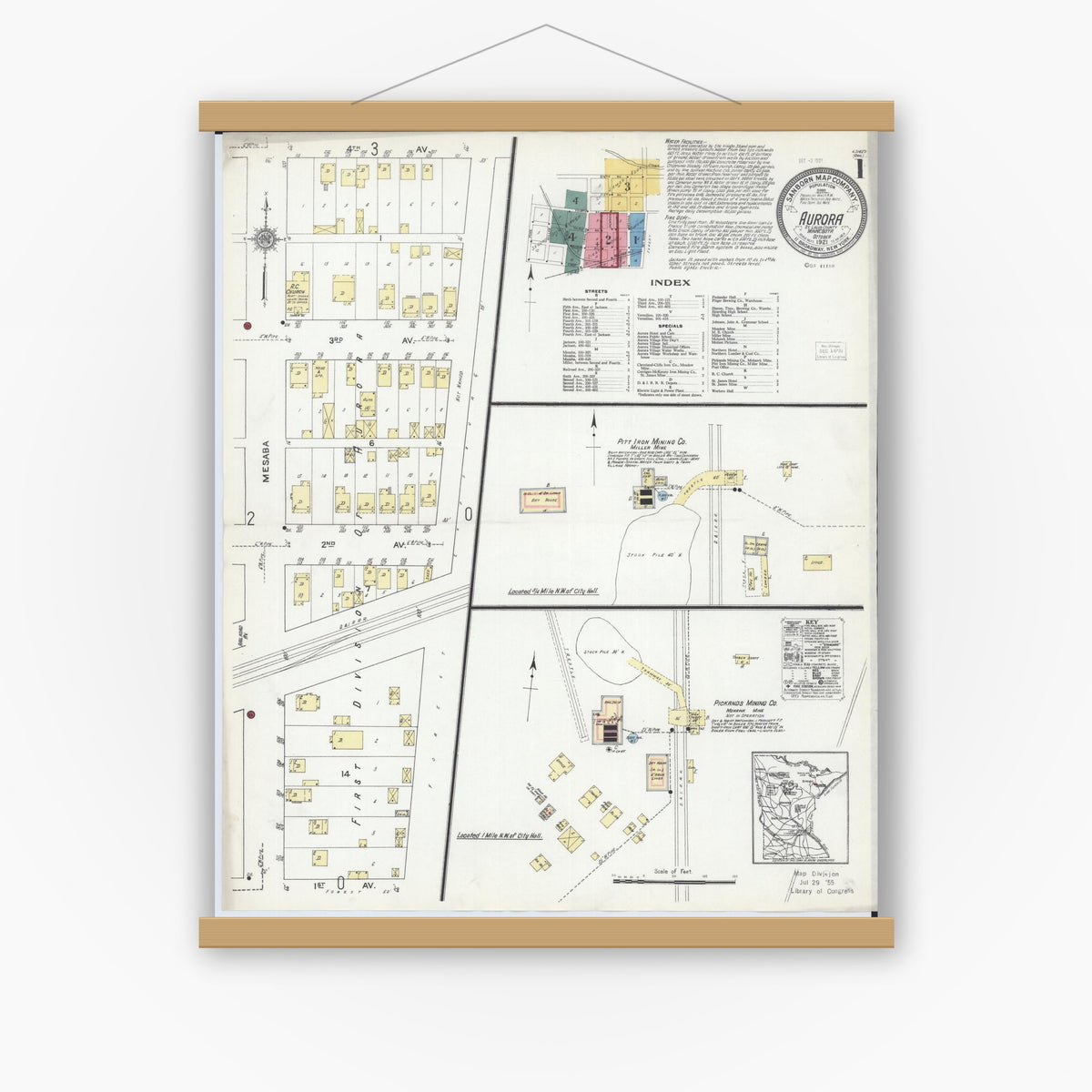 Old map wall art mockup — magnetic wood frame on white wall — Sanborn Fire Insurance Map from Aurora, Saint Louis County, Minnesota (1921) - Complete Map Set