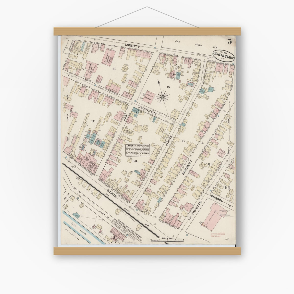 Old map wall art mockup — magnetic wood frame on white wall — Sanborn Fire Insurance Map from Schenectady, Schenectady County, New York (1884), Sheet #0005
