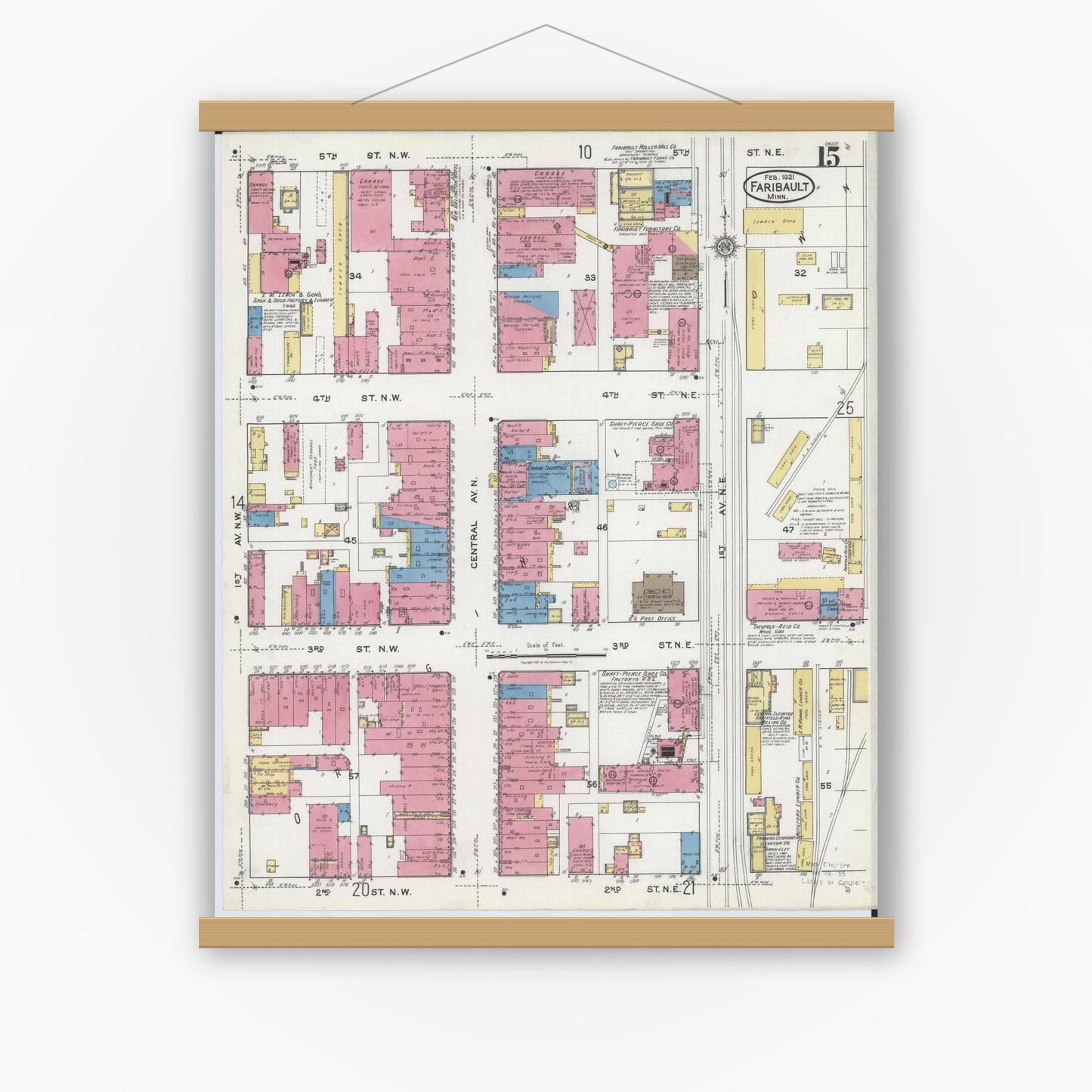 Old map wall art mockup — magnetic wood frame on white wall — Sanborn Fire Insurance Map from Faribault, Rice County, Minnesota (1921), Sheet #0015