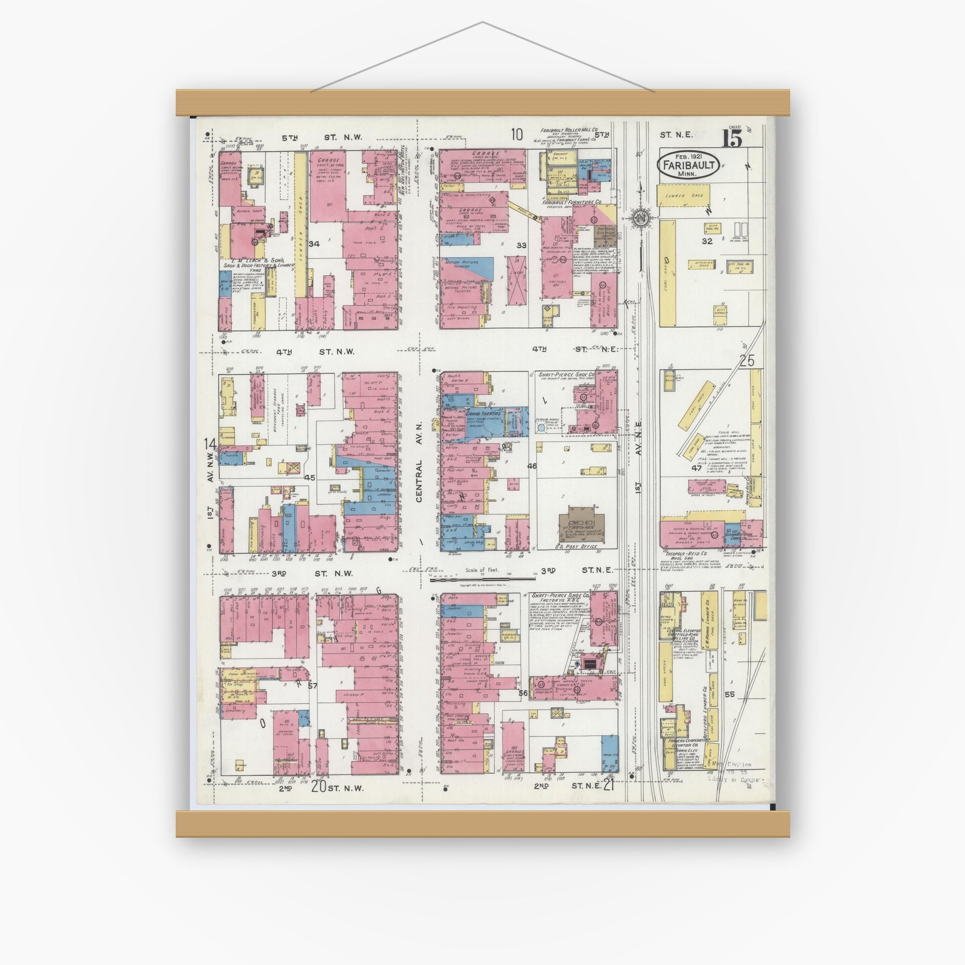 Old map wall art mockup — magnetic wood frame on white wall — Sanborn Fire Insurance Map from Faribault, Rice County, Minnesota (1921), Sheet #0015