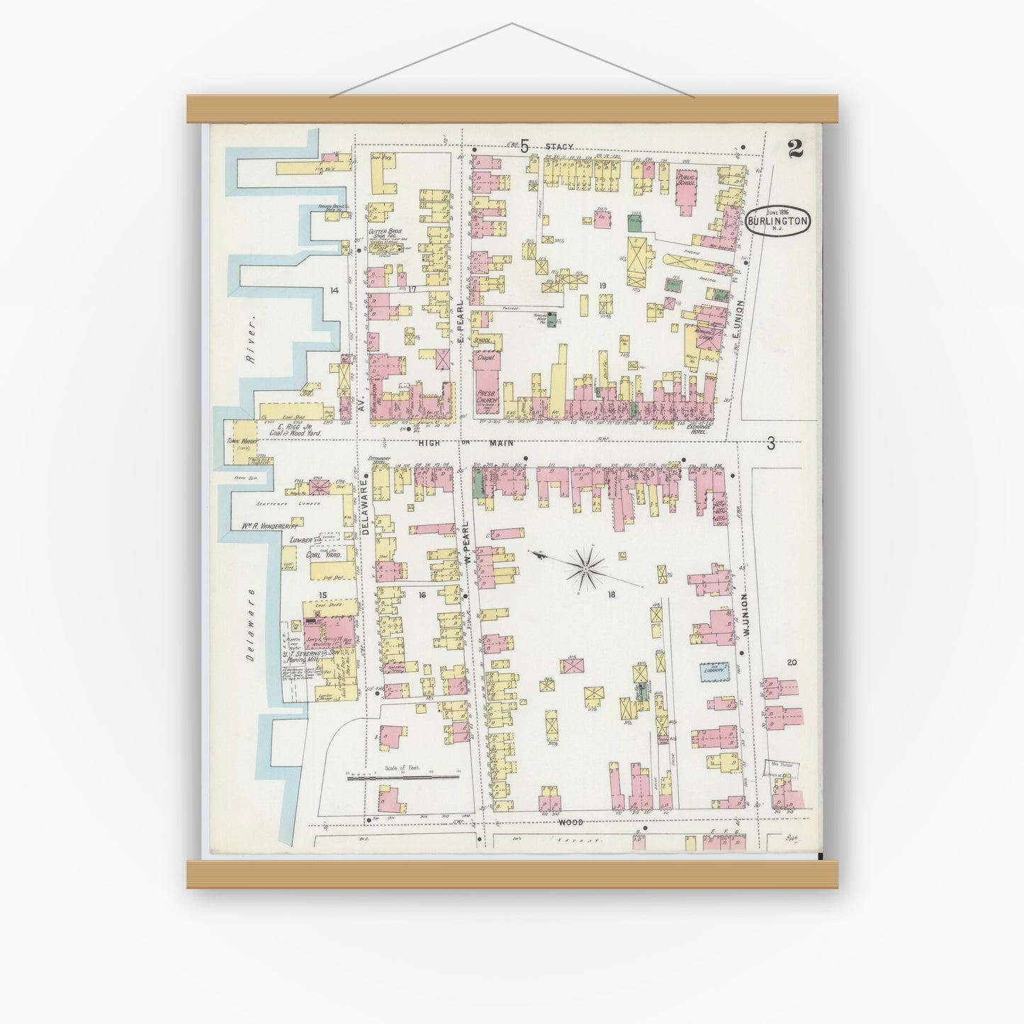 Old map wall art mockup — magnetic wood frame on white wall — Sanborn Fire Insurance Map from Burlington, Burlington County, New Jersey (1896), Sheet #0002