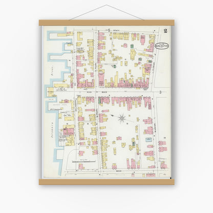 Old map wall art mockup — magnetic wood frame on white wall — Sanborn Fire Insurance Map from Burlington, Burlington County, New Jersey (1896), Sheet #0002