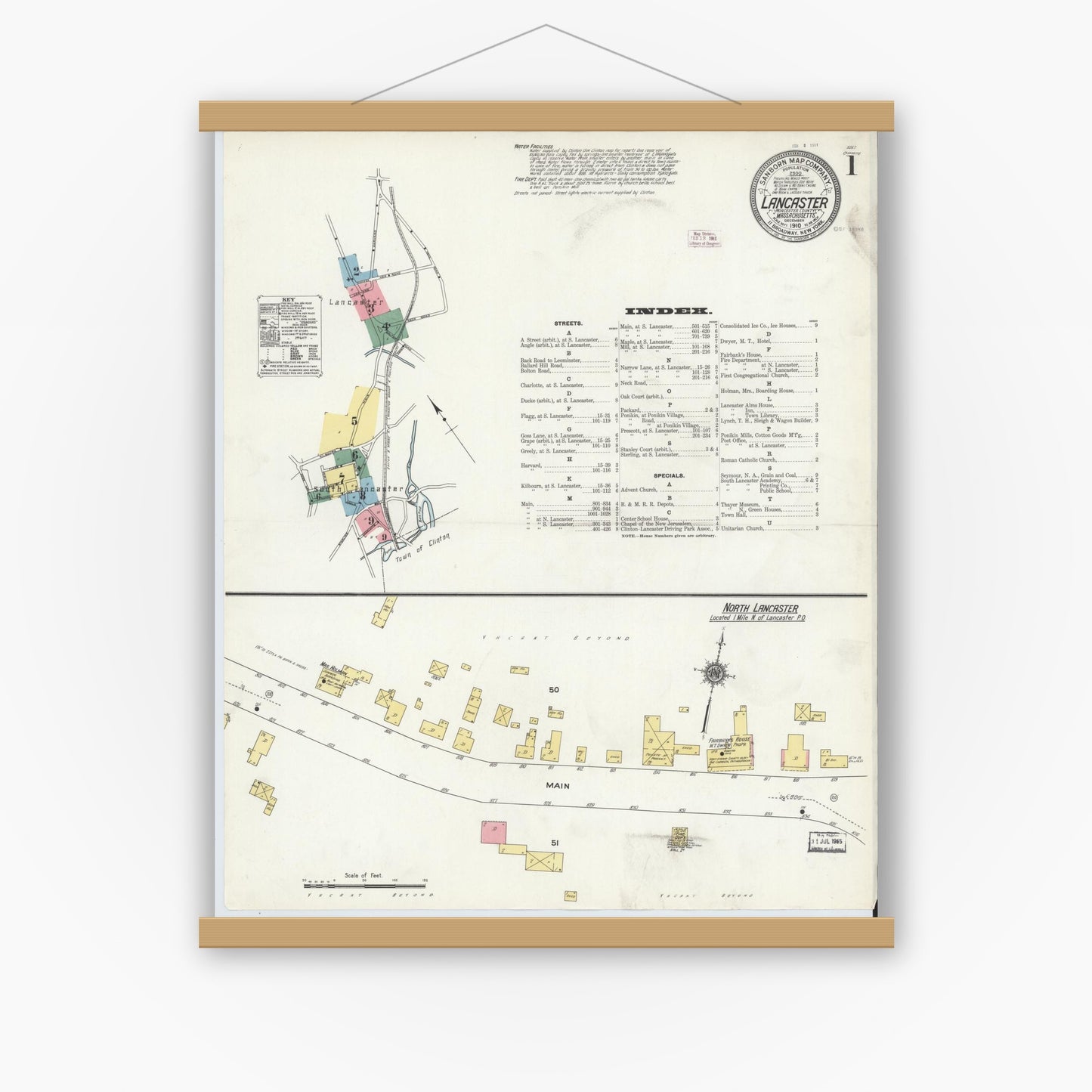 Old map wall art mockup — magnetic wood frame on white wall — Sanborn Fire Insurance Map from Lancaster, Worcester County, Massachusetts (1910), Sheet #0001