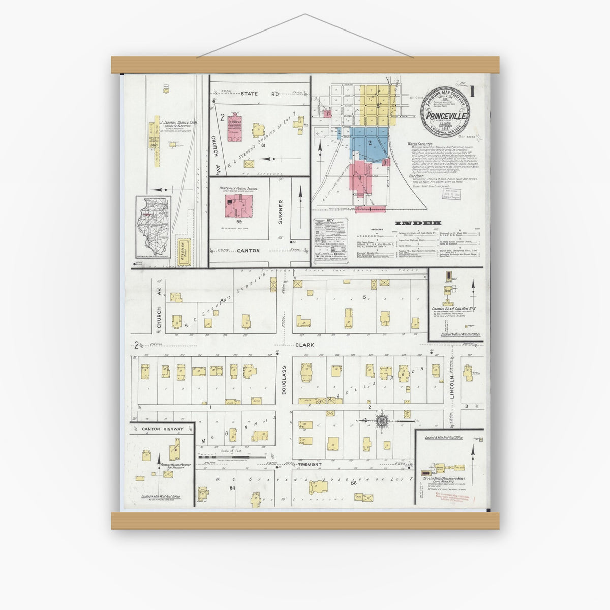 Old map wall art mockup — magnetic wood frame on white wall — Sanborn Fire Insurance Map from Princeville, Peoria County, Illinois (1918) - Complete Map Set