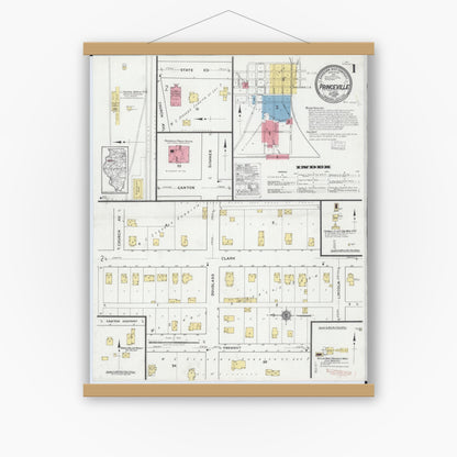 Old map wall art mockup — magnetic wood frame on white wall — Sanborn Fire Insurance Map from Princeville, Peoria County, Illinois (1918) - Complete Map Set