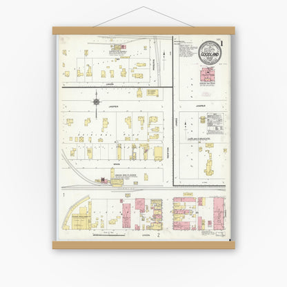 Old map wall art mockup — magnetic wood frame on white wall — Sanborn Fire Insurance Map from Goodland, Newton County, Indiana (1910) - Complete Map Set