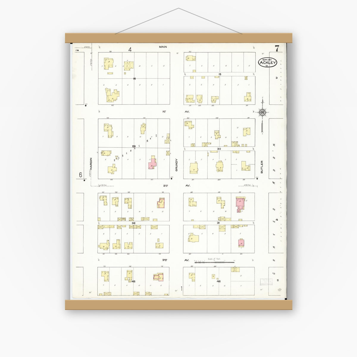 Old map wall art mockup — magnetic wood frame on white wall — Sanborn Fire Insurance Map from Ackley, Hardin and Franklin Counties, Iowa (1911), Sheet #0007