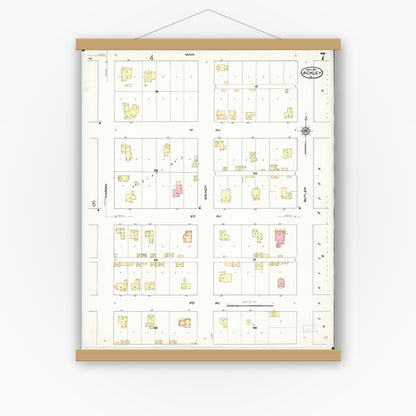 Old map wall art mockup — magnetic wood frame on white wall — Sanborn Fire Insurance Map from Ackley, Hardin and Franklin Counties, Iowa (1911), Sheet #0007