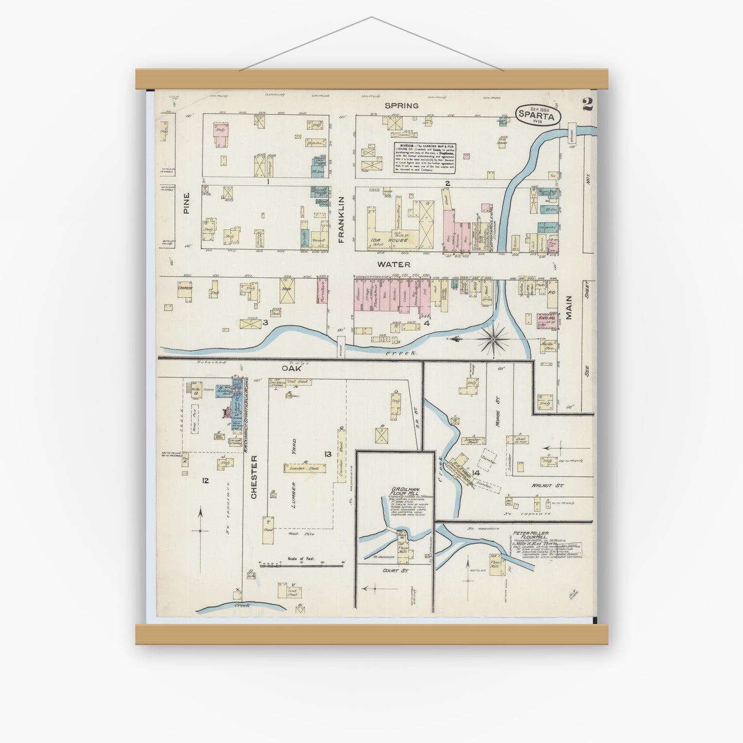 Old map wall art mockup — magnetic wood frame on white wall — Sanborn Fire Insurance Map from Sparta, Monroe County, Wisconsin (1884), Sheet #0002