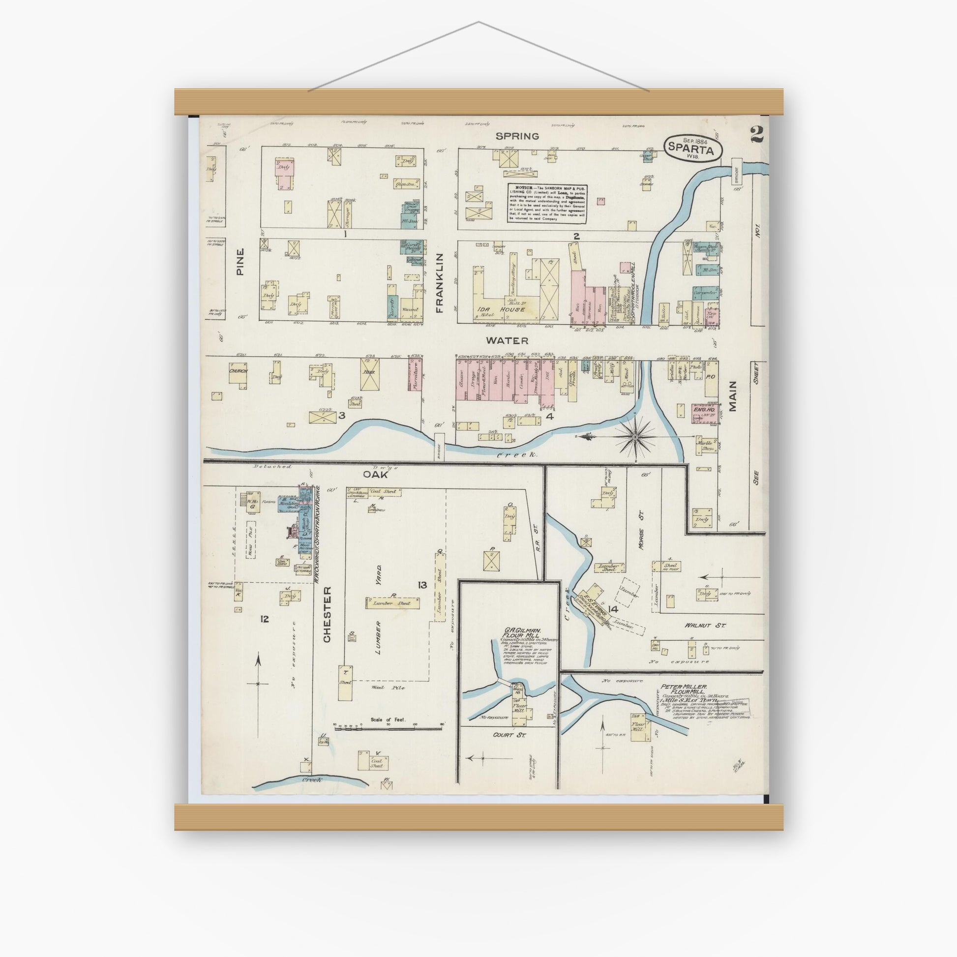 Old map wall art mockup — magnetic wood frame on white wall — Sanborn Fire Insurance Map from Sparta, Monroe County, Wisconsin (1884), Sheet #0002