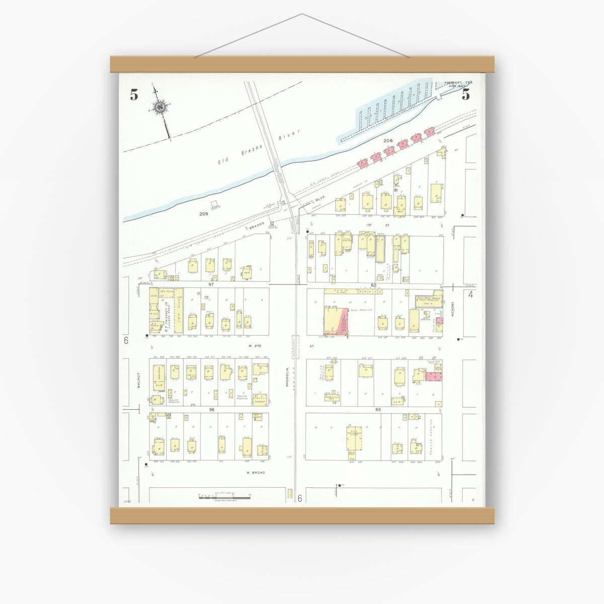 Old map wall art mockup — magnetic wood frame on white wall — Sanborn Fire Insurance Map from Freeport, Brazoria County, Texas (1943), Sheet #0005