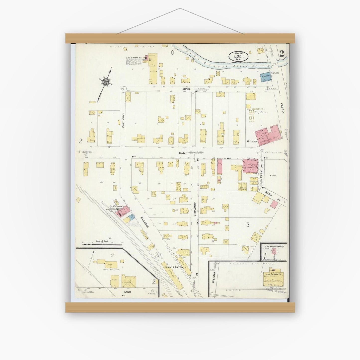 Old map wall art mockup — magnetic wood frame on white wall — Sanborn Fire Insurance Map from Lodi, Medina County, Ohio (1912), Sheet #0002