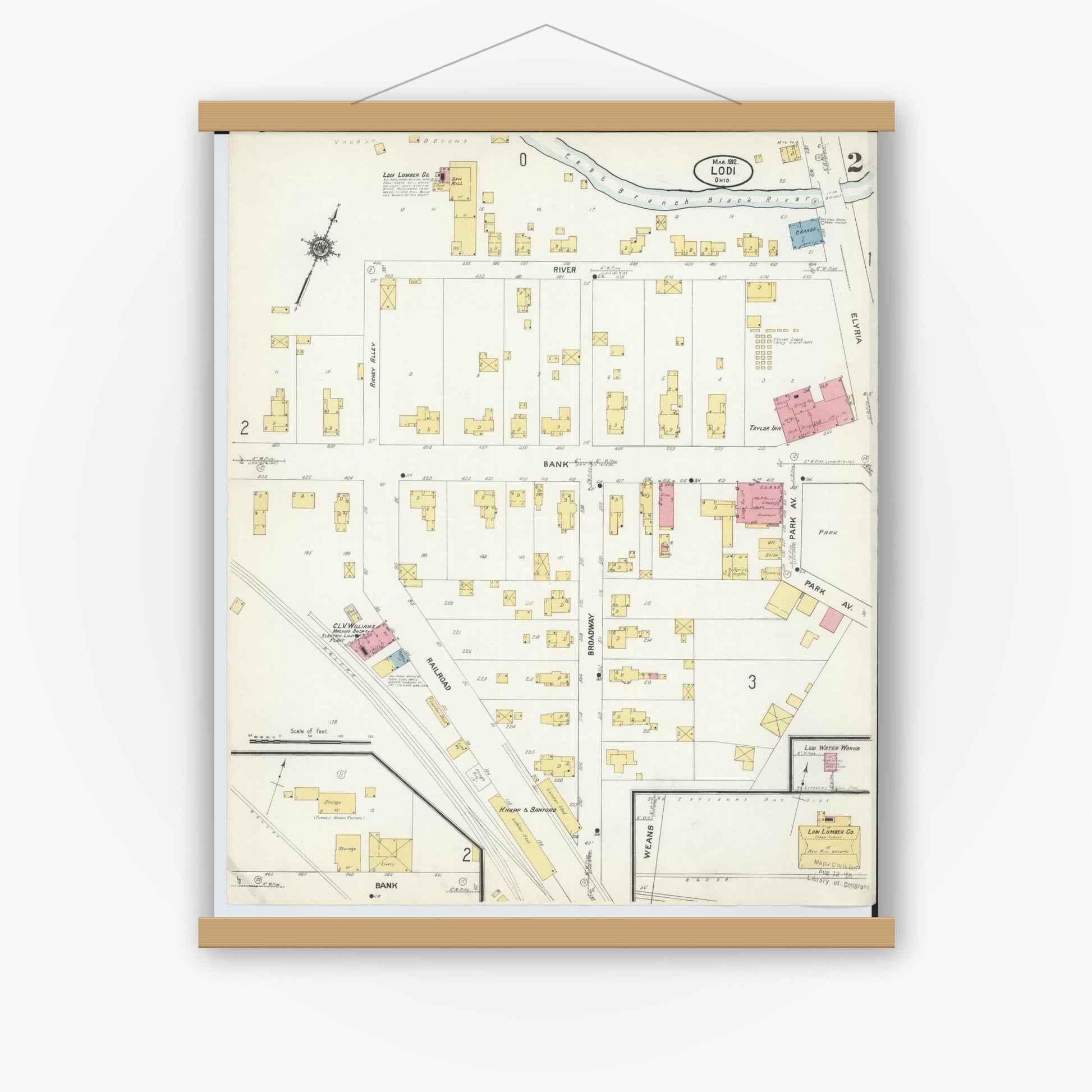 Old map wall art mockup — magnetic wood frame on white wall — Sanborn Fire Insurance Map from Lodi, Medina County, Ohio (1912), Sheet #0002