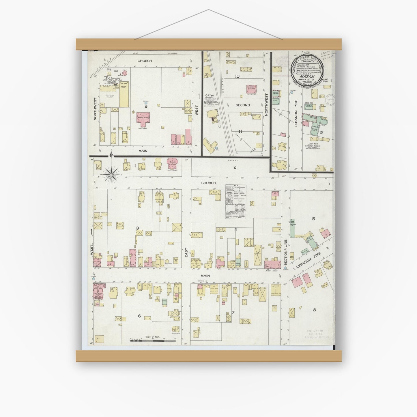 Old map wall art mockup — magnetic wood frame on white wall — Sanborn Fire Insurance Map from Mason, Warren County, Ohio (1898), Sheet #0001