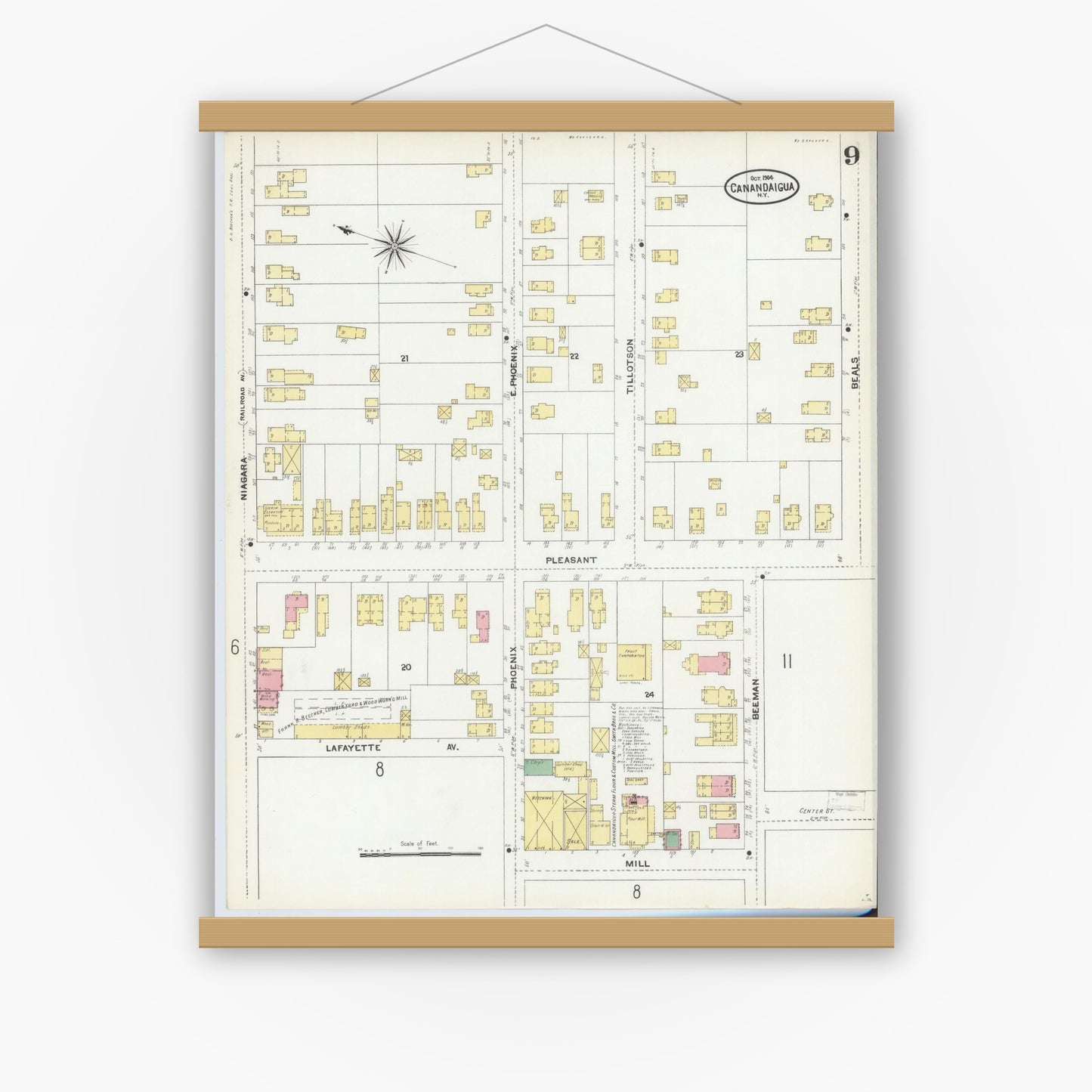 Old map wall art mockup — magnetic wood frame on white wall — Sanborn Fire Insurance Map from Canandaigua, Ontario County, New York (1904), Sheet #0009