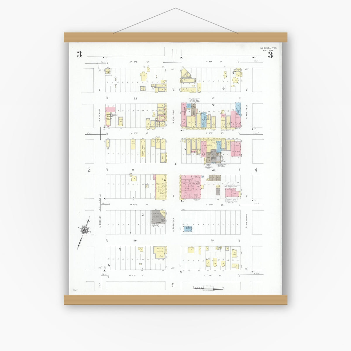 Old map wall art mockup — magnetic wood frame on white wall — Sanborn Fire Insurance Map from McCamey, Upton County, Texas (1946), Sheet #0003